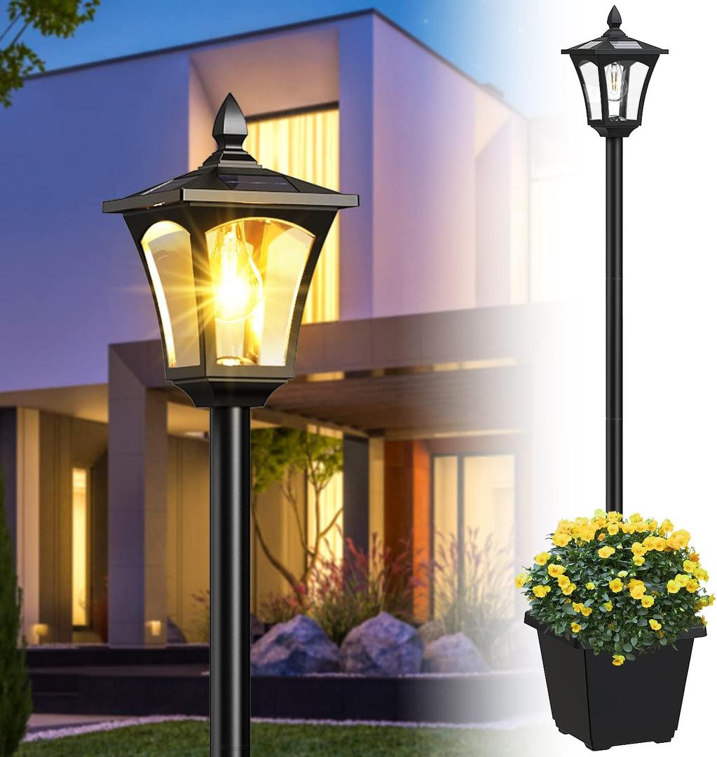 64 Inch Solar Lamp Post Light with Planter, 60 High Lumens Street Light, Solar Post Lights Waterproof for Garden, Pathway, Lawn, Driveway, Front Back Door Outdoor Pole LampWarm 64 Inch Solar Lamp Post Light with Planter, 60 High Lumens Street Light, Solar Post Lights Waterproof for Garden, Pathway, Lawn, Driveway, Front Back Door Outdoor Pole LampWarm