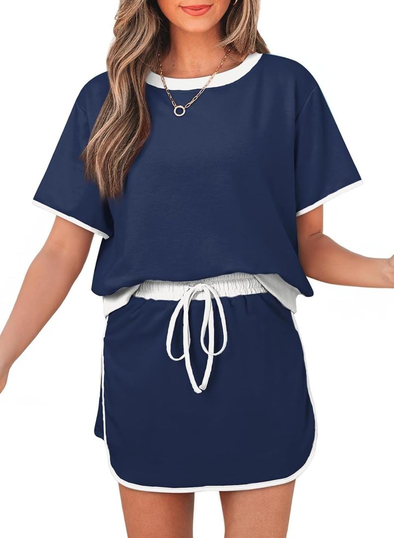 Womens 2 Piece Skort Set 2026 Color Block Short Sleeve Top Drawstring Skort Matching Sets Casual Lounge Summer Outfit (Small, Navy)
