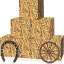 YLOLUL 6 Pcs Hay Bales Boxes Large Decor with Wooden Wagon Wheels and Horseshoe Western Cowboy Party Rodeo Decorations Western Photo Booth Props for Western Cowboy Party Birthday Farm Favors Supplies (Straw)