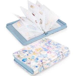 Jewelry Travel Organizer Case, PU Leather Portable Jewelry Storage Book with Transparent Pockets Zipper Bag for Necklaces, Earrings, Bracelets(48 Grids+48 Thicken PVC Bags),WatercolourBlossoms