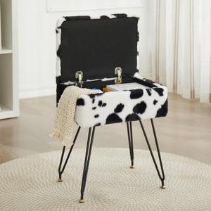 Vanity Stool Chair, Faux Fur Ottoman Foot Stool with Metal Legs & Adjustable Black Feet, Flip Top Storage Makeup Stool with Soft Padded Seat, Foot Rest for Makeup Room Bedroom, Cow
