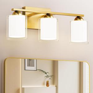 Quntis Gold Bathroom Light Fixtures, 3 Light Modern Vanity Lights Over Mirror, 5 Colors & Stepless Dimmable LED Bathroom Lighting with Milk White Frosted Glass, 16 Inch (Bulbs Included)
