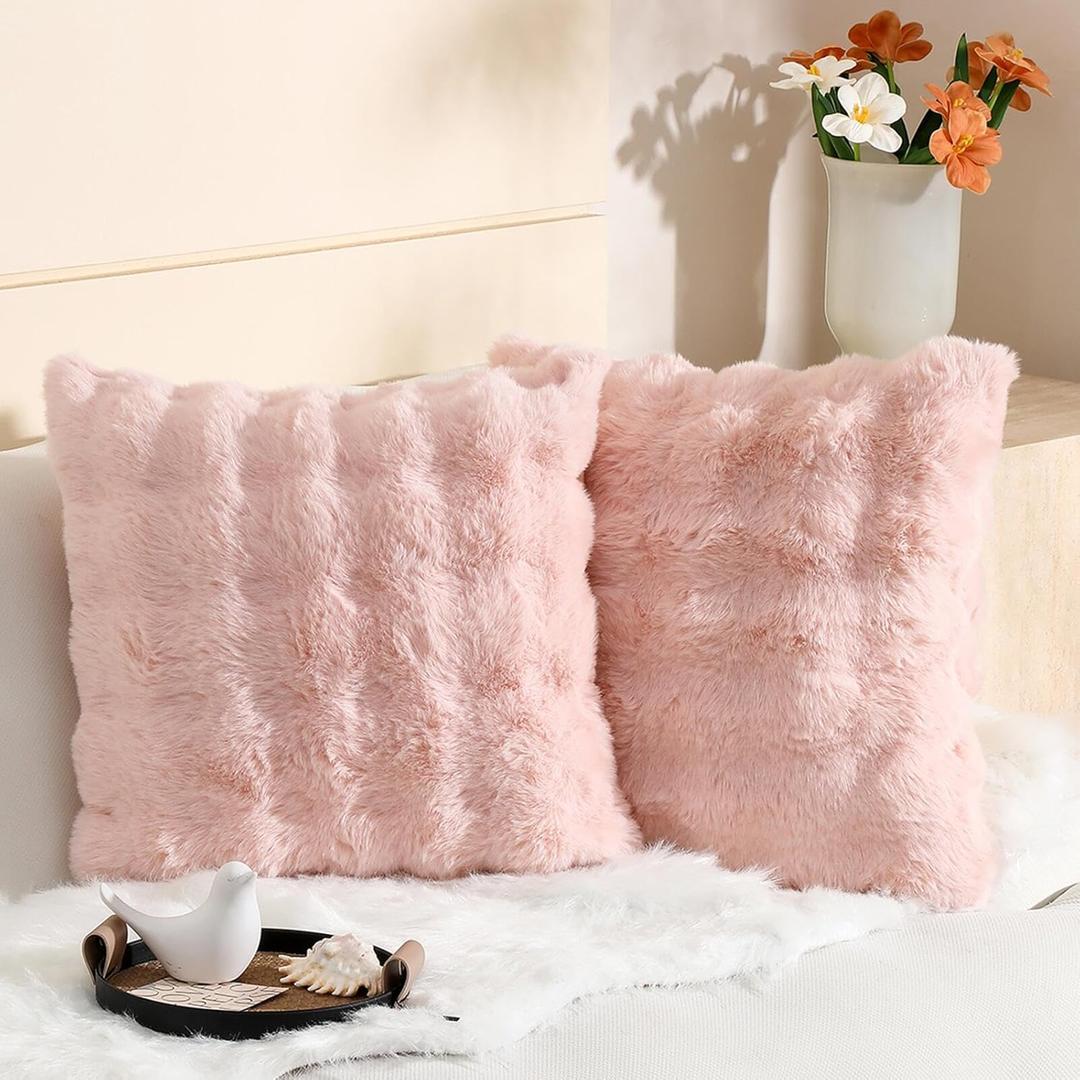 Excluding Insert Faux Rabbit Fur Bubble Pack of 2 Throw Pillow Cover Double Side 18x18 Inch Pink Thick Plush Dense Fuzzy Decorative Cushion Covers for Couch Bedroom