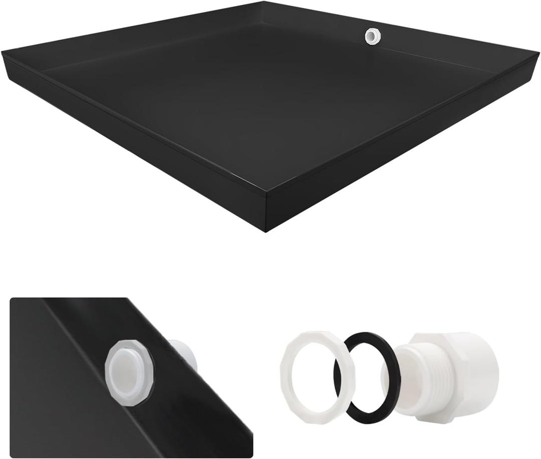 Heavy Duty Washing Machine Drain Pan 19 Guage Thick Stainless Steel 32X30X2-1/2in, Including 1" Drain Fittings (Matte Black)