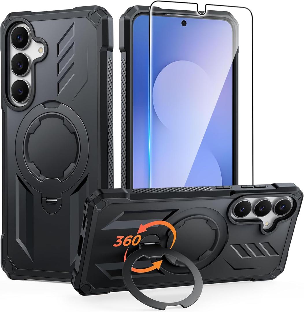 FNTCASE for Samsung Galaxy S25-FE Case: with [Magnetic Ring Kickstand] [Screen Protector] [Compatible with MagSafe] [Military-Grade Drop Protection] Heavy Duty Full Body Protective Phone Cover Black