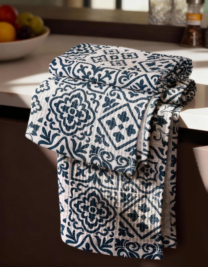 Cotton Waffle Kitchen Towels  Cute 370 GSM 16x25 Inch Terry Cloth Waffle Decorative Dishcloth for Kitchen Set of 2 with Hanging Loop Absorbent Hand Tea Towel for Home Design, Block Print