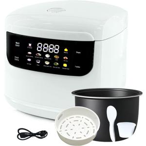 2L Mini Protable Rice Cooker,5 Cups Cooked/3 Cups Uncooked, 400W Non-Stick Rice Maker, 24 hours Timer Delay, 10 Functions, Fast Cooker,White