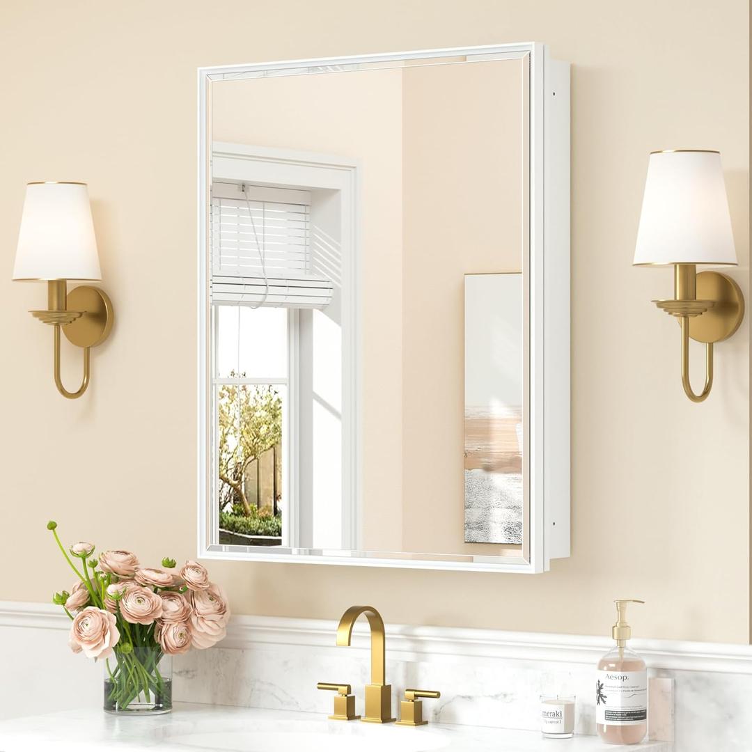 Keonjinn 24 x 30 White Bathroom Medicine Cabinets with Mirror Recessed or Surface Wall-Mounted Aluminum Alloy Metal Framed Beveled Bathroom Mirror, Large Single Door Farmhouse Storage Cabinet Mirror