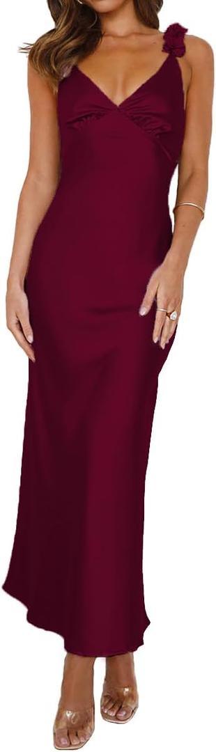Phicia Satin V Neck Formal Midi Dresses for Women Wedding Guest | Silk,Spaghetti Strap,Elegant ,Floral Strap,Cocktail,Bridesmaid, Beach, Vacation,Party,Adjustable Straps,Graduation (Red, XL)
