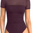 OQQ Women Short Sleeve Bodysuit Tummy Control Shapewear Mesh One Piece Leotard Shirts Going Out Tops, XL
