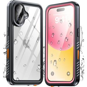 ANTSHARE for iPhone 16 Case, Waterproof Built-in Screen Protector, [12 FT Military Drop Proof] [Full Body Shockproof] [Dustproof] [IP68 Underwater] Phone Case for iPhone 16 6.1''- Pink/Clear