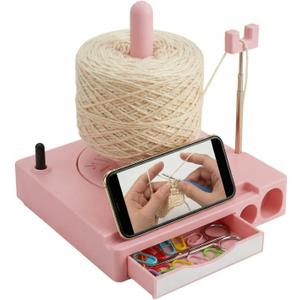 Portable Multi-Functional Yarn Holder Spinner with Phone Stand, Detachable Yarn Spool Box & Crochet Accessories Organizer for Knitting Lovers (Pink)