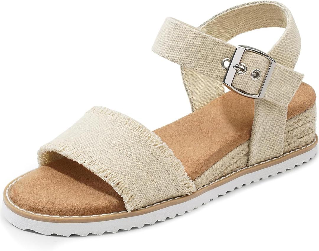 Dodow Womens Espadrilles Wedge Sandals Closed Toe Mid Heel Ankle Strap Dress Sandals (10, Apricot)