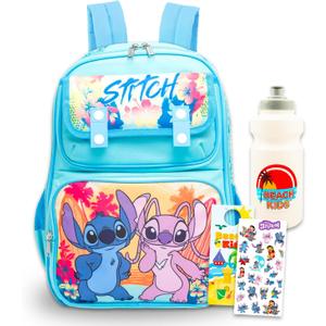 Disney Stitch and Angel Backpack Set - Bundle with 15" School Bag Plus Water Bottle, Stickers, More | Lilo and Stitch Backpack for Girls, Kids