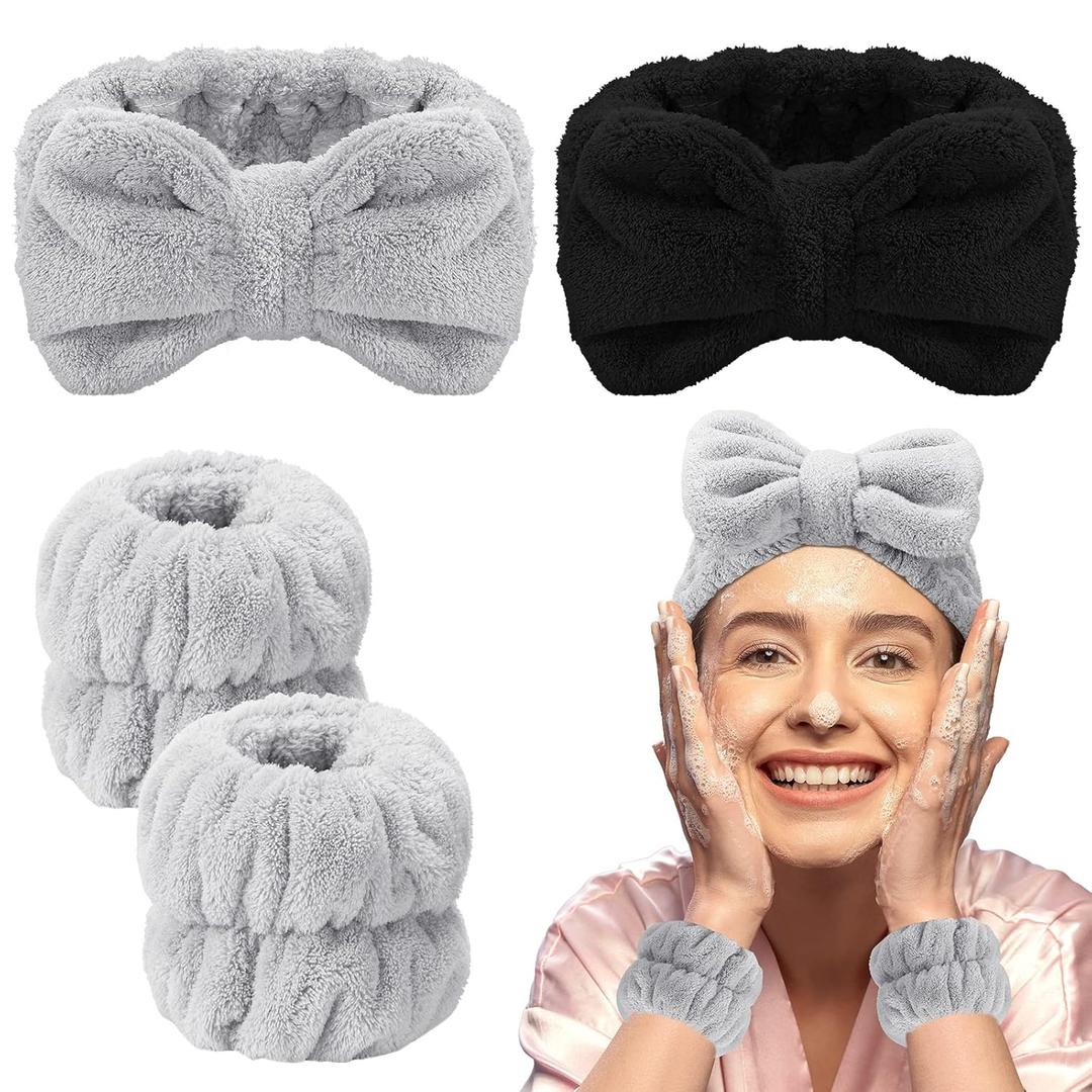 Chuangdi 4 Pcs Microfiber Headband Spa Wristbands and Wrist Bands for Washing Face Cuffs Towel Wristbands Hair Headband Face Wash Cuffs for Women Makeup(Grey, Black)