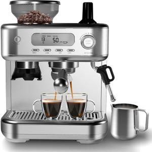 Garvee Espresso Machine Built-In Grinder, High Power Milk Frother, Digital LCD, Stainless Steel (Single/Double Brew) (Gray)