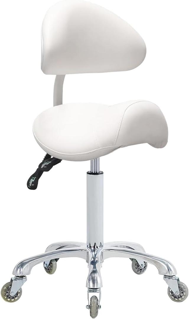 Antlu Saddle Stool Rolling Chair with Back Support,Esthetician Tattoo Dental Stool Chair,Lash Chairs for Eyelash Tech Massage Salon(White,with Backrest), Adjustable Backrest