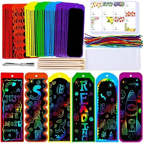 Winlyn 48 Sets 6 Styles Magic Color Scratch Bookmarks Craft Kits Rainbow Scratch Paper Art Sets for Kids Students Party Favors DIY Bookmarks Bulk with Scratching Tools Ribbons for Classroom Activities