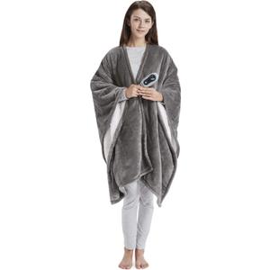 Beautyrest Wearable Electric Poncho Wrap Blanket, Ultra Soft Sherpa & Berber Fleece Heated Throw with Low EMF,UL Certified & OEKO-TEX,3 Heat Settings & 2 Hour Auto Shutoff, Gift-Ready, 50" x 64",Grey