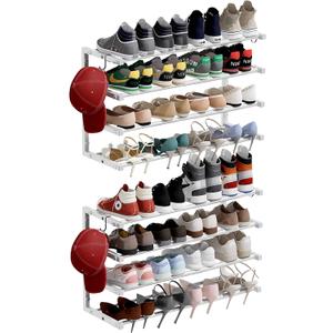 2 Pack Wall Mounted Shoe Rack, 4 Tier Hanging Shoe Rack Holds 32 Pairs, 17"-30" Adjustable Heavy Duty Wall Shoe Shelf with 4 Storage Hooks, Space Saving for Closet Entryway, White