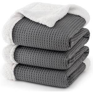 PHF Waffle Sherpa Blanket Queen Size, Luxury Warm Plush Flannel Blanket for Winter, No Shed No Pilling Cozy Soft Waffle Weave Fleece Blanket for Bed and Couch, Grey, 90x90 Inches