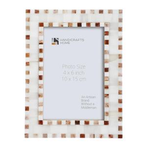 Handicrafts Home White & Brown 4x6 Picture Frame, Decorative Photo Frame for Tabletop or Wall Hanging Frame for Living Room Bedroom Office Decor, Linear Checkered Bone Inlay, Coastal Decor Blue Frame,  Checkered Brown White
