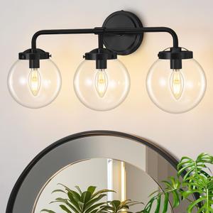 Bathroom Vanity Light Fixtures Over Mirror, Modern Matte 3 Lights Wall Sconce Lighting with Transparent Glass Ball Shade, Mid Century Farmhouse Vanity Lights (Black), 3lights-22.4in-Transparent