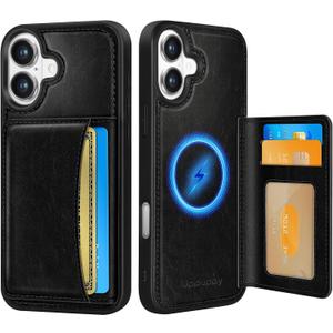 Uppuppy for iPhone 16 Wallet Case with Card Holder,Black | Compatible with MagSafe,4 Card Holder PU Leather, Cute Aesthetic Style, Foldable Stand Design for Men Women Girls