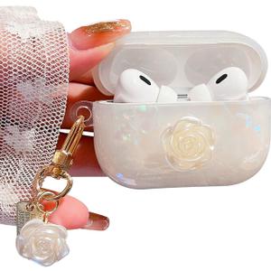 Cute Airpod Pro 2 Case Elegant Flower Luxury Glitter Marble Pearl Protective Cover with Keychain Compatible with AirPods Pro 2nd Generation Case for Girls Women (Rose White)