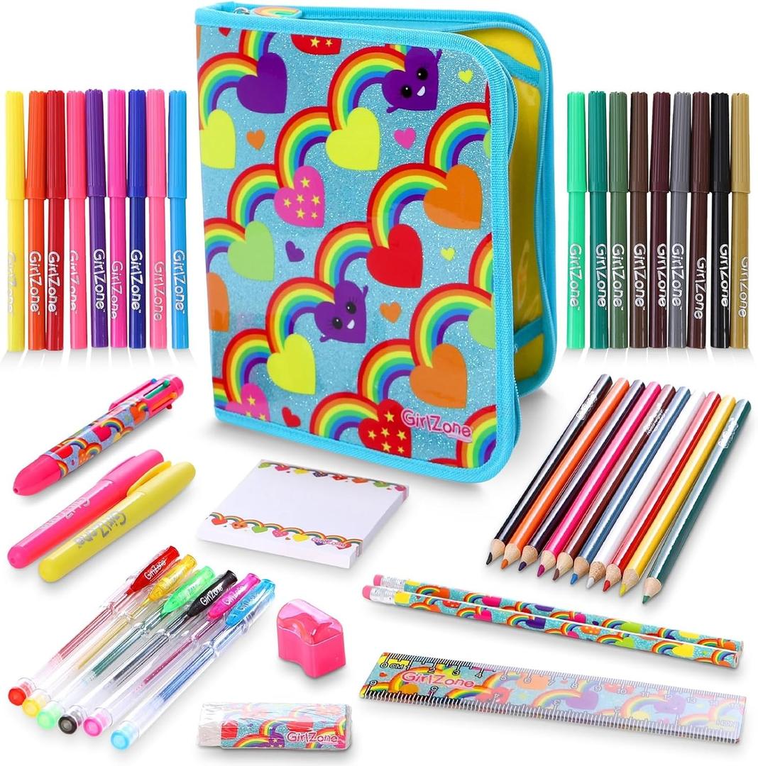 GirlZone 43-Piece Rainbow Filled Pencil Case with Supplies - Ages 7+ - Art Kit, Marker Binder & Stationery Set for Kids