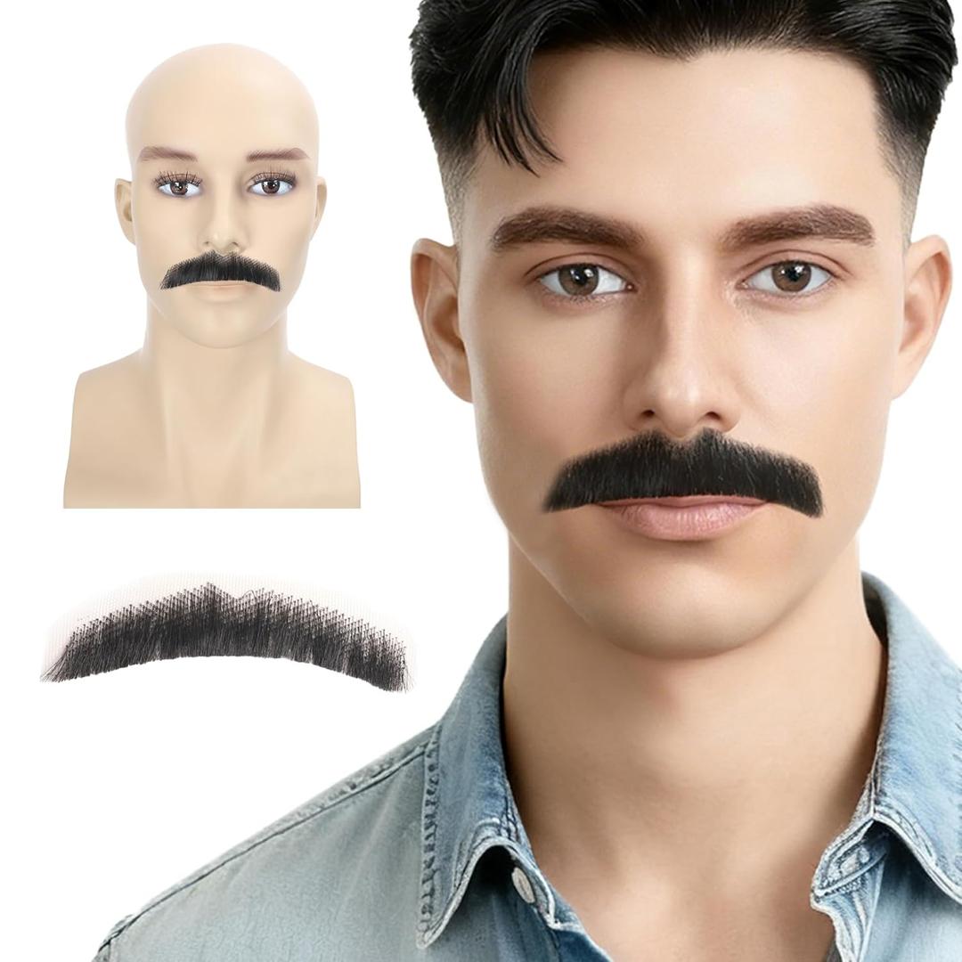 Mens Fake Mustache 100% Human Hair Hand Knoted Costume Party Funny Cosplay Tin Pencil Realistic Beard, (Black)