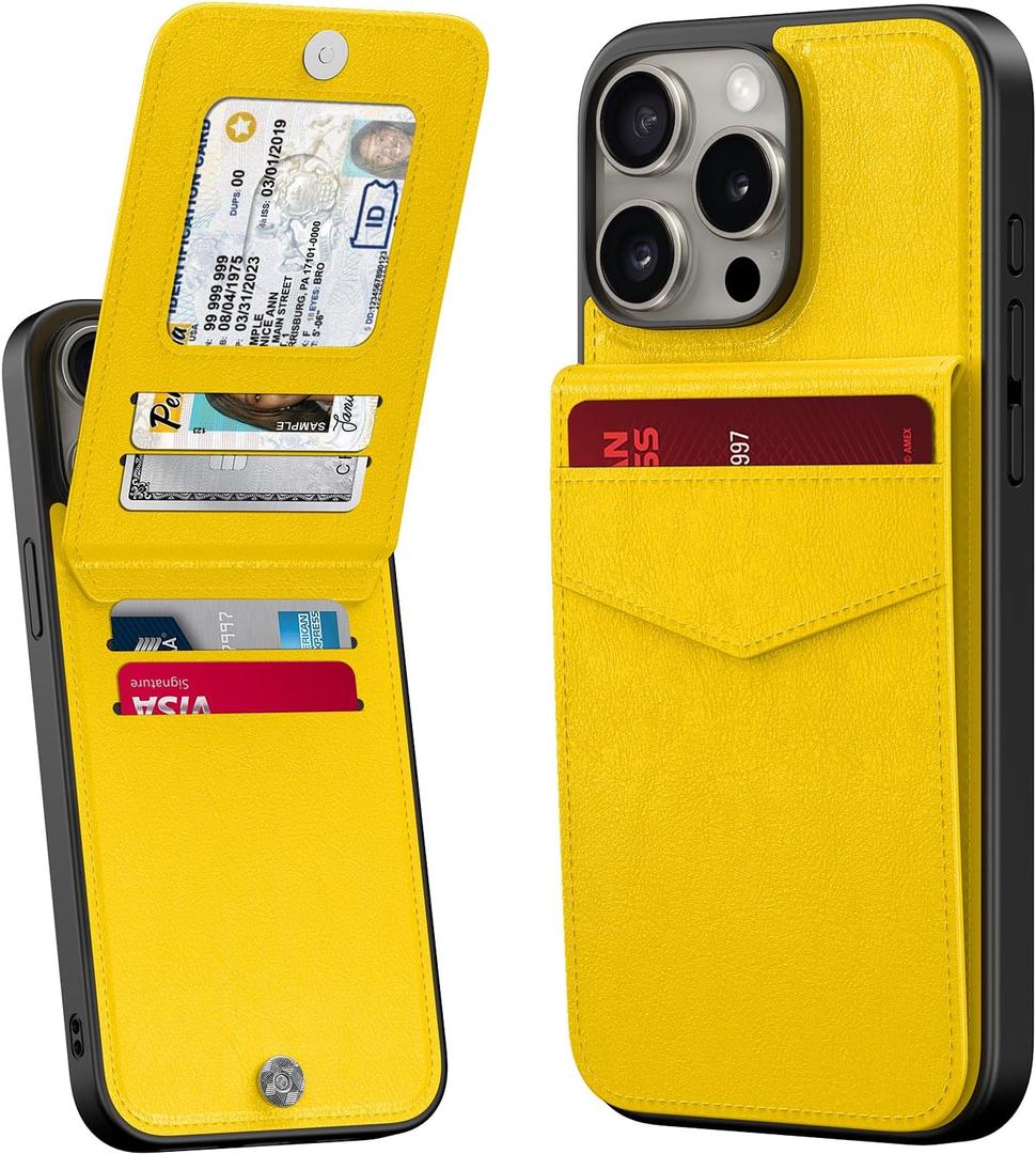 Bemal for iPhone 15 Pro Max Wallet Case, Built-in Card Holder, RFID Blocking, PU Leather Kickstand, Magnetic Closure, Durable Shockproof Phone Cover for Women and Men, 6.7", Yellow