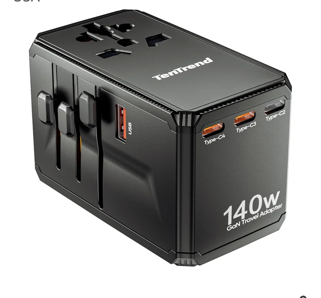 Universal Travel Adapter, 140W International Power Adapter with 4 USB-C & 1 USB-A Ports, European Travel Plug Adapter, Worldwide Travel Essentials for EU UK AUS USA