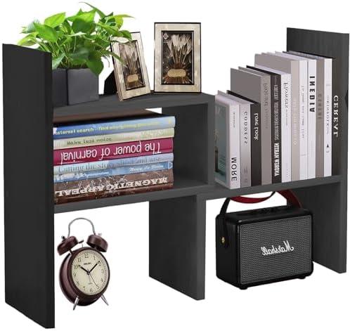 Cuteripe Black Desk Organizer Shelf Wooden Desktop Bookshelf Adjustable Desktop Organizer Shelves Small Book Shelf for Office Desk Supplies Home Storage Natural Stand Decor (Black, Style2)