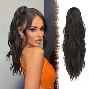 FESHFEN Ponytail Extensions, Long Claw Clip in Ponytail Hairpiece Synthetic Pony Tails Hair Piece Natural Wavy Hairpieces for Women, 20 inch Black Brown