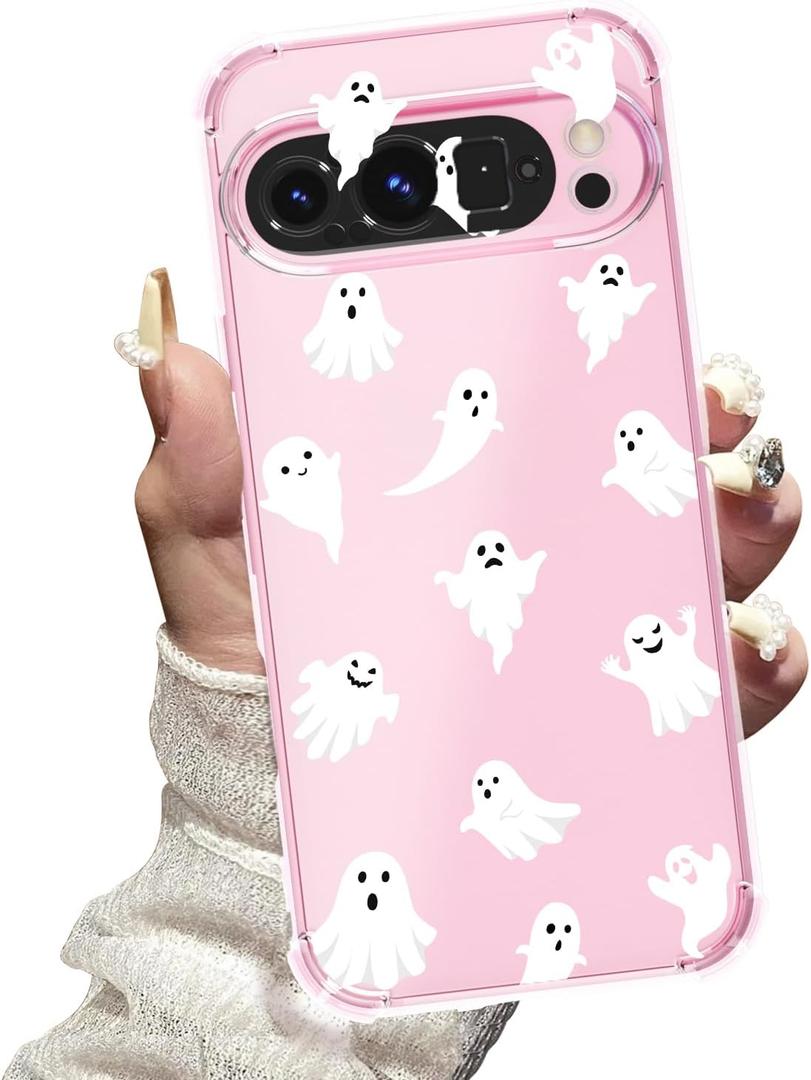 2 x Halloween Phone Case for Google Pixel 9 Pro, for Pixel 9 Pro Halloween Case for Women Girls Girly, Cute Ghosts Pattern Soft TPU Slim Cover, Ghosts/White