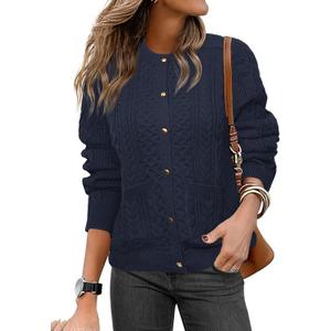 Glamaker Cable Knit Chunky Cardigan Sweater Long Sleeve Crew Neck Button Down Knit Fall Sweaters Trendy Outfits (Small, Navy Blue)