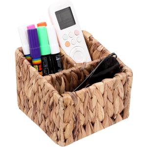 Wicker Remote Control Holder Hand Woven Water Hyacinth Storage Basket with 3 Compartments,Cosmetic Storage Box for Desk,Home Organization
