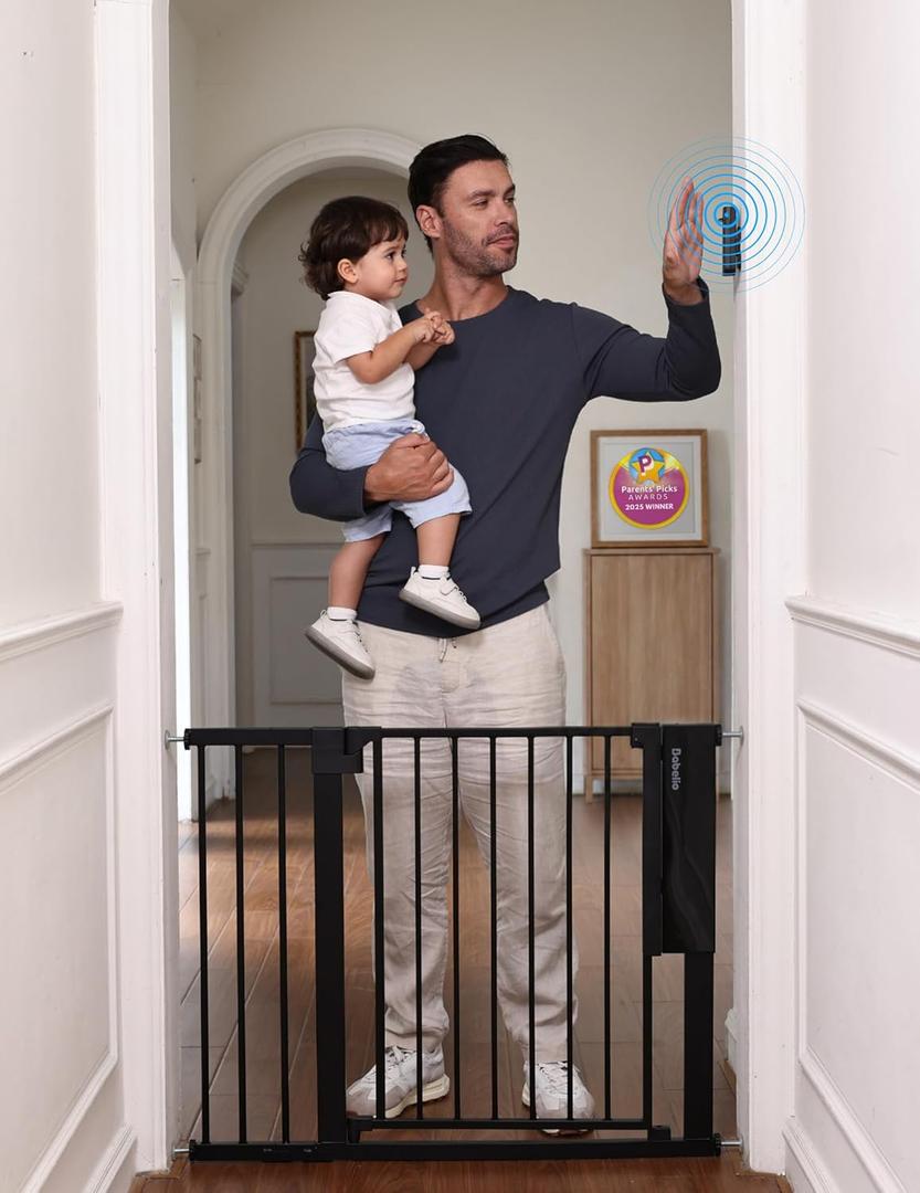 Babelio Smart Baby Gate with Auto-Unlock/Close, Pressure Mounted No Drill for Doorways/Top of Stairs. Pet/Dog Door Wide Walk Thru w/Infrared Sensor & Safety Alert (Black, 30.3-47.2" W, 30" H)
