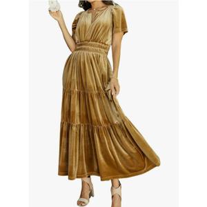 R.Vivimos Women's Fall Winter Vintage Velvet Dress Short Sleeve V Neck Elastic Waist Tiered Ruffle A-Line Flowy Maxi Dress, S