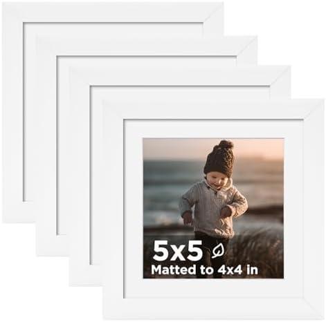 KINLINK 5x5 Picture Frame White Set of 4, Wooden Square Photo Frames Matted 4x4 with Plexiglass for 4x4 with Mat or 5x5 without Mat for Table and Wall Display