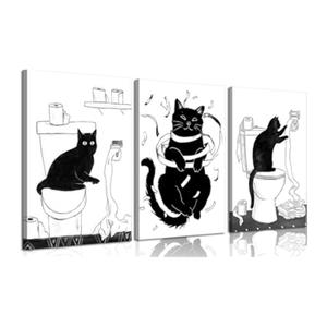Set of 3 Funny Black Cat Bathroom Canvas Posters (23.5*15.5)