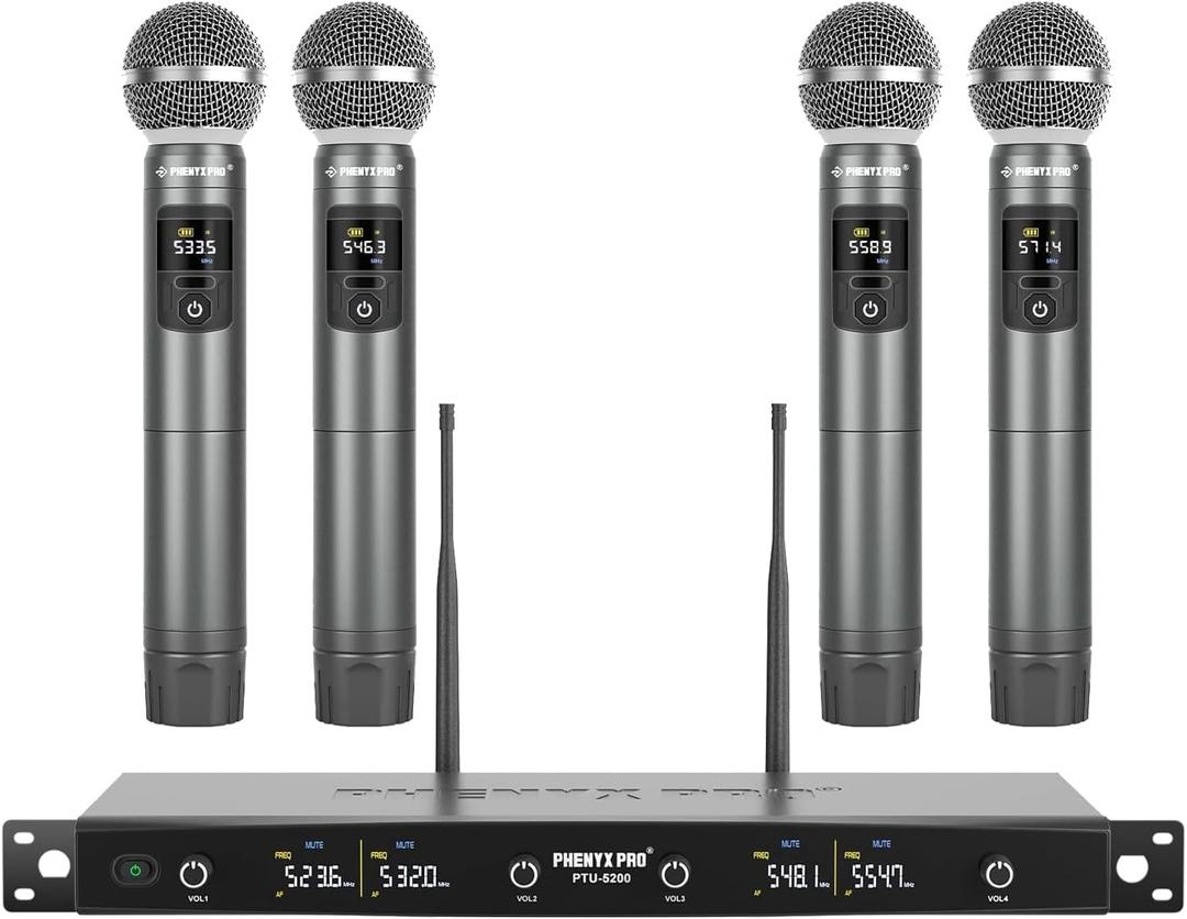 Phenyx Pro Wireless Microphone System, Metal Wireless Mic Set with 4 Cordless Mics, 4x25 UHF Adjustable Frequencies, 200ft Range, Dynamic Microphones for Singing, Karaoke, Church, DJ (PTU-5200-4H)