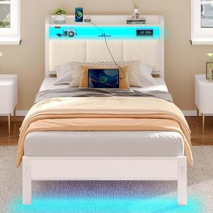 Rolanstar Bed Frame Twin Size with Charging Station and LED Lights, Upholstered Headboard with Storage Shelves, Heavy Duty Metal Slats, No Box Spring Need, Noise Free, Easy Assembly, White