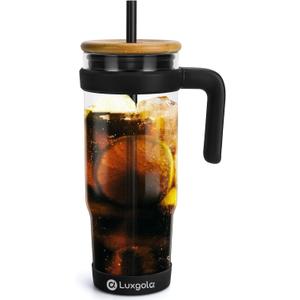32 oz Glass Tumbler with Handle, Iced Coffee Cup with Bamboo Lid and Straws, Reusable Clear Glass Water Cup With Silicone Bumper - Fits in Car Cup Holder, Dishwasher Safe, BPA Free - Black