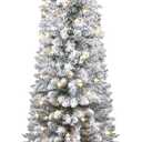 Snow Flocked Christmas Tree Pre-Lit with Warm Lights, White Frosted Pencil Noble Fir, Lighted Slim Artificial Xmas Tree Metal Stand, Premium Holiday Decoration UL Listed 4FT