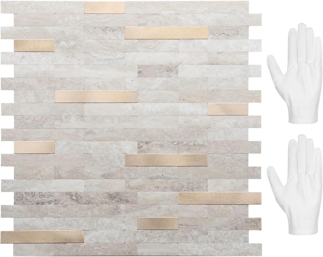 STICKGOO Peel and Stick Backsplash, PVC Wall Tiles Stick on Backsplash for Kitchen(10 Sheets, Beige with Metal Gold)