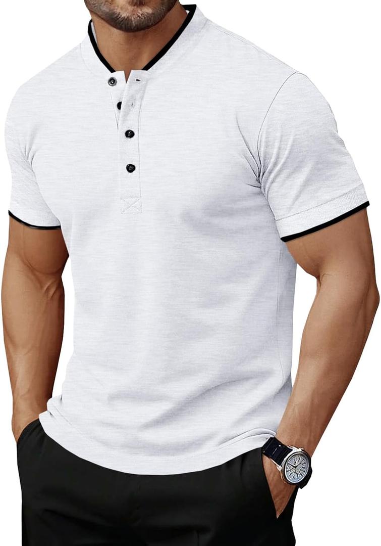 Runcati Mens Henley Shirts Short Sleeve Casual Polo Shirts Summer Business Workout Golf T- Shirts (White, L)