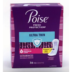 Poise Ultra Thin Incontinence Pads & Postpartum Pads for Bladder Leaks, 5 Drop Maximum Absorbency, Long Length, 36 Count