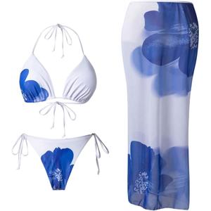 Verdusa Women's 3 Piece Floral Print Bikini Sets Swimsuit with Mesh Maxi Skirt Blue Small
